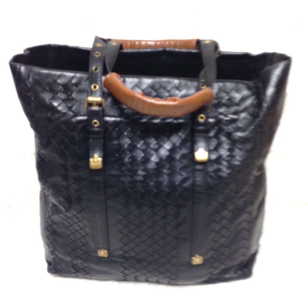 Bottega Veneta Black Woven Leather Tote with Brown Handles